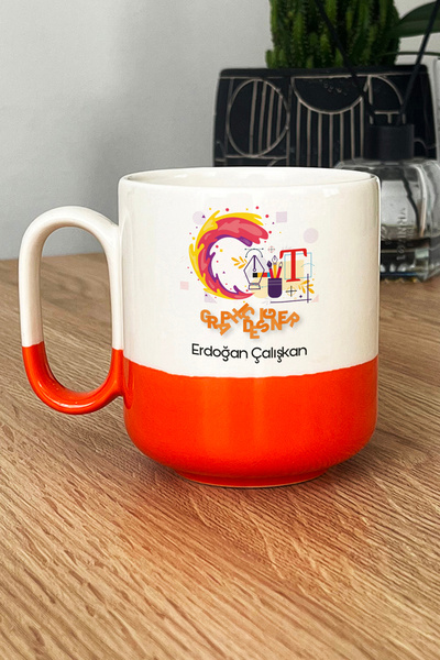 Hedizu Kişiye Özel Grafiker Kupa Bardak T Kulplu Turuncu Grafikere Hediye