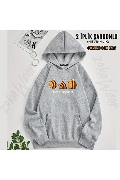 ZOKAWEAR Bee Dıfferent - Illustration Printed Oversize Hooded Sweatshirt (2 Thread)