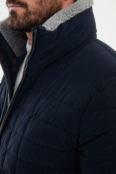 Mcr Quilted Slim Fit Fur Stand Collar Men's Coat Navy Blue - 39619.24K