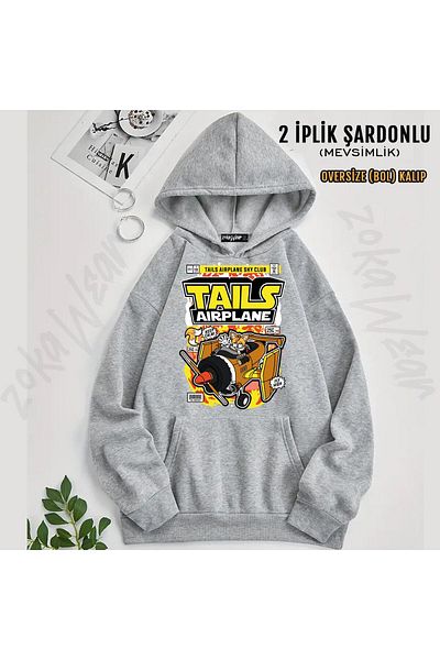 ZOKAWEAR Tails Airplane Printed Hooded Oversize Sweatshirt (2 Thread)