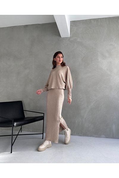 Fav Style Beige Women's Set - Half Stand Collar Blouse and Slit Long Skirt