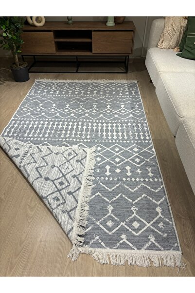 MaVaux Blaundus Serisi Çift Taraflı Saçaklı Etnik Desenli Pamuklu Dokuma Kilim