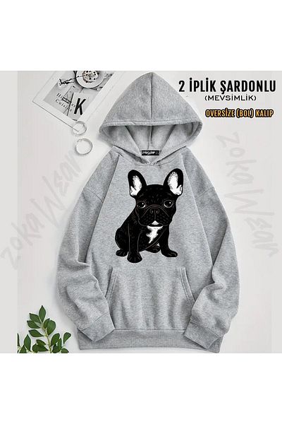 ZOKAWEAR Brindle French Bulldog Printed Hooded Oversize Sweatshirt (2 Thread)