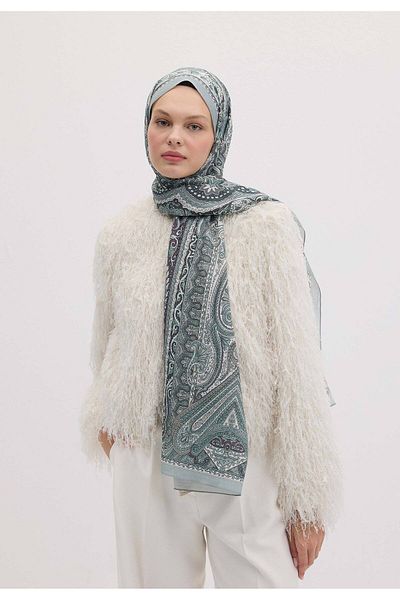 Fresh Silver Colored Etnic Floral Patterned Shawl