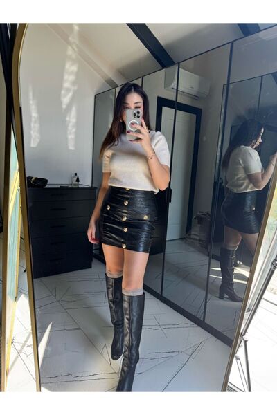 SHELA Kapitone Desenli Düğmeli Deri Etek