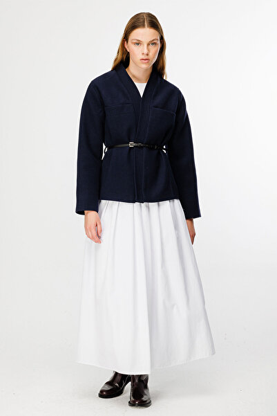 Hooopstore Navy Blue Jacket with Contrast Leather Belt