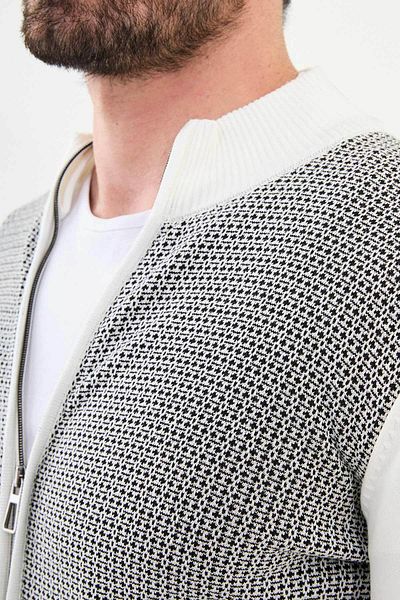 Mcr Patterned Ecru Slim Fit Judge Collar Wool Men's Cardigan
