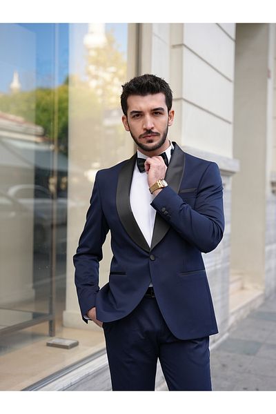 LONATOLİA Men's Luxury Tuxedo - Shawl Collar Italian Style Jacket and Pants Set with Bow Tie - Navy Blue