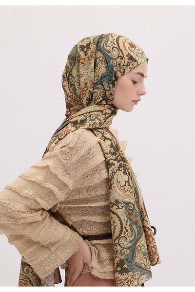 Fresh Etnic Paisley Patterned Shal - Camel Feather