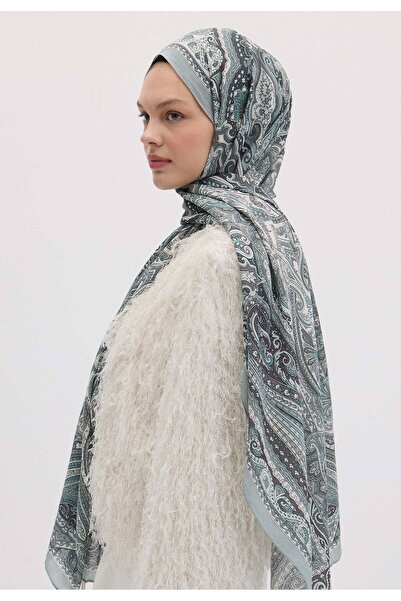 Fresh Silver Colored Etnic Floral Patterned Shawl