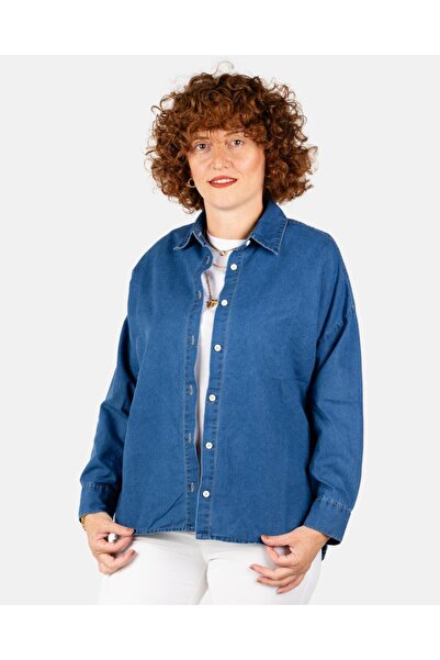 Portakal Esintisi Cămașă din denim albastru închis cu detaliu cu nasturi