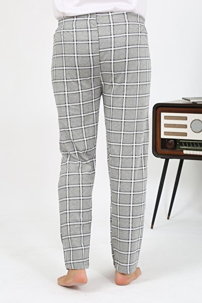 Akbeniz Сіра чоловіча піжама з начісуванням в клітинку з однотонним низом 27540