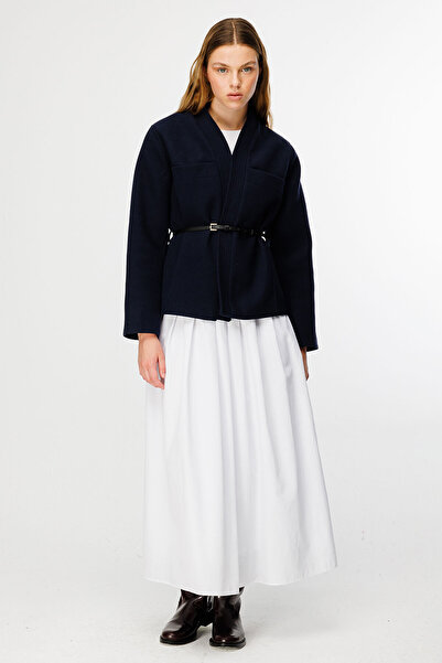 Hooopstore Navy Blue Jacket with Contrast Leather Belt