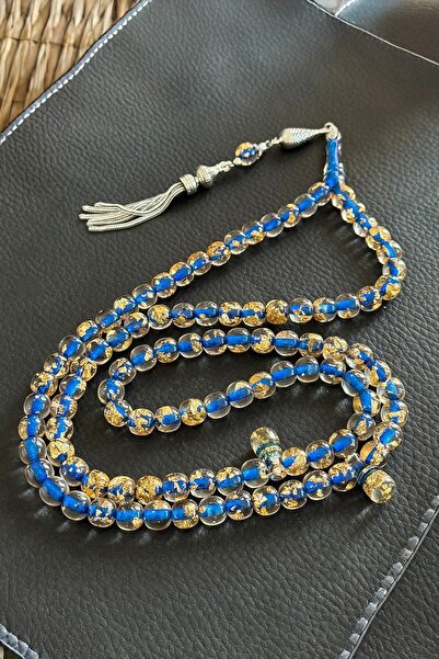 TESBİHKENTİ Mărgele de rugăciune de chihlimbar cu particule de aur albastre d...