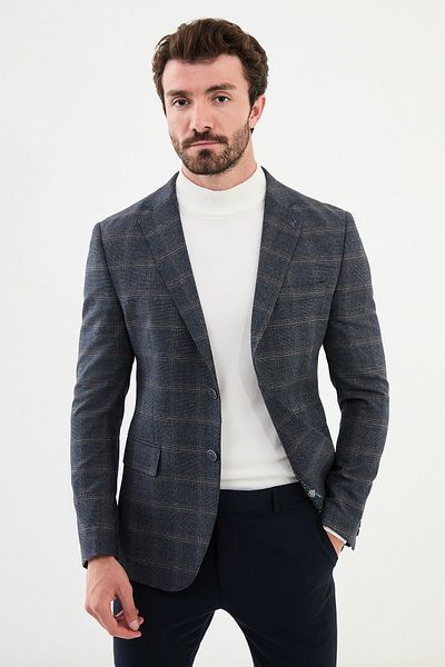 Mcr Jachetă clasică pentru bărbați, în carouri, albastru bleumarin, slim fit, cu guler mono
