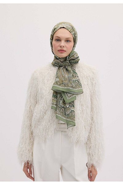 Fresh Moss Green Ethnic Floral Patterned Shawl