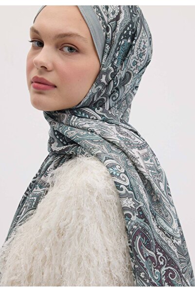 Fresh Silver Colored Etnic Floral Patterned Shawl