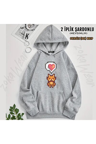 ZOKAWEAR Stardew Valley Pixel Art Cat Printed Hooded Oversize Sweatshirt (2 T...