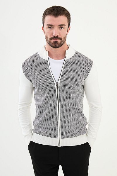 Mcr Patterned Ecru Slim Fit Judge Collar Wool Men's Cardigan