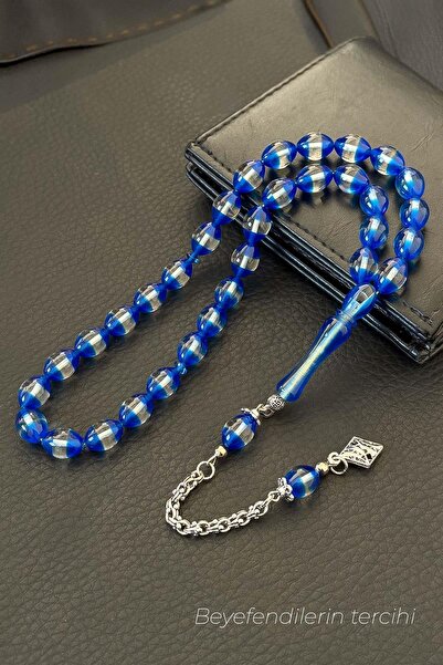 TESBİHKENTİ Сини и бели кехлибарени молитвени мъниста в дървена кутия