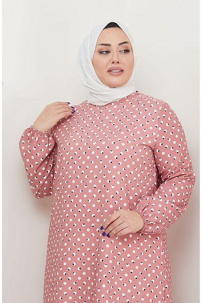 sefamerve Πουά Φόρεμα Plus Size - 0707-02 Πούδρα