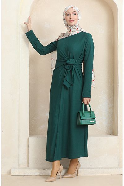 sefamerve Emerald Green Wrap Tie Φόρεμα - 1017-02