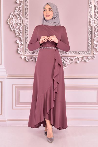ModaMerve Dried Rose Belted Dress - Kbr5078