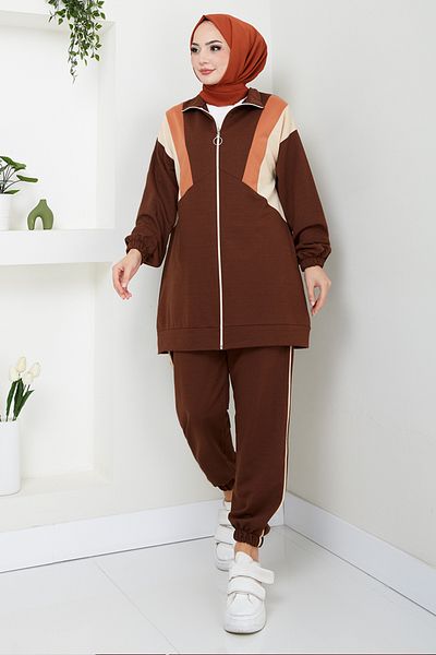 ModaMerve Brown Cuff Elastic Garnished Set - 4529Nes1021-M