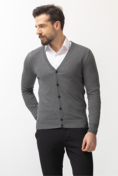 Mcr Plain Slim Fit Buttoned Knitwear Men's Cardigan Anthracite - 11228.22Y