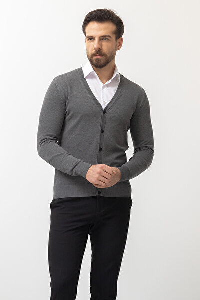 Mcr Plain Slim Fit Buttoned Knitwear Men's Cardigan Anthracite - 11228.22Y