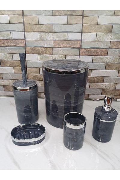İmera Acrylic Round Bathroom Set Anthracite Gray Marble Pattern Silver Chrome 5 Pieces