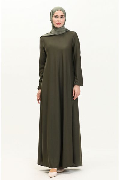 sefamerve Khaki Colored Elastic Sleeve Dress - 7777-09