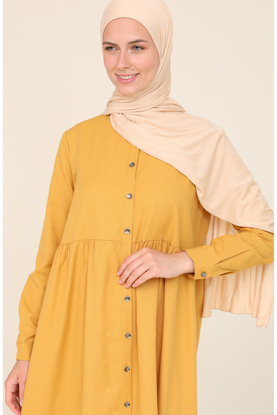 sefamerve Yellow Natural Fabric Buttoned Dress - 3307-15