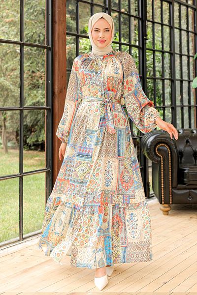 ModaMerve Indigo Ethnic Patterned Dress - Ant552