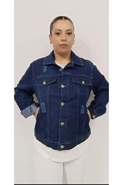 AKŞEN GİYİM Μεγάλο μέγεθος 63 cm Ζώνη Lycra Βαμβακερό Jean Jacket - Λεπτομέρε...