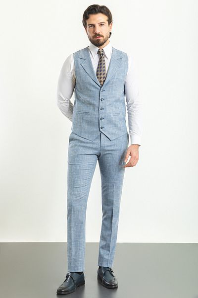 Mcr Slim Fit Wide Collar Men's Trouser Vest Suit Navy Blue-Ecru - 10925.23Y