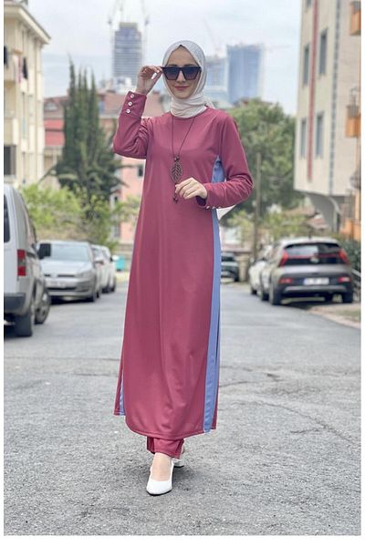 sefamerve Σετ Hijab Dried Rose - Λεπτομερής σχισμή, 0327-03