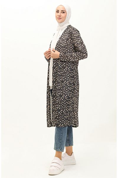 sefamerve Cardigan lung negru - model floral, model 8637-01