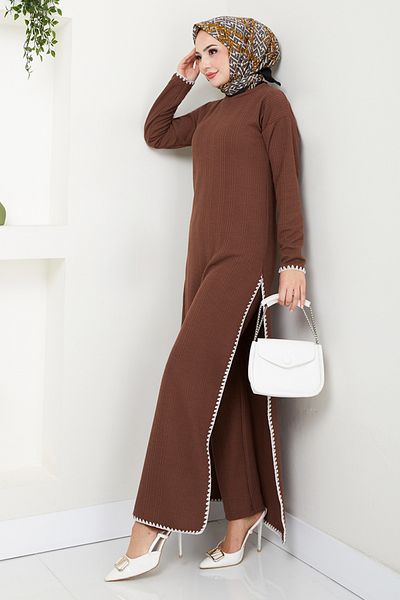 ModaMerve Stitching Detailed Knitwear Set 5688Znk903-M Brown