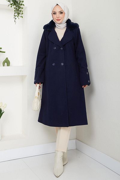 hafsamina Παλτό Navy Blue Stamp - Λεπτομερής γιακάς από γούνα, HM2583