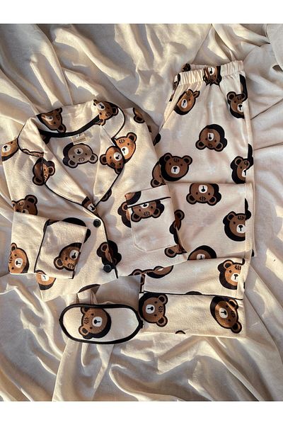 Serbella Cream Tedy Patterned Knitted Flannel Pajama Set