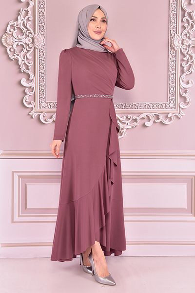 ModaMerve Dried Rose Belted Dress - Kbr5078