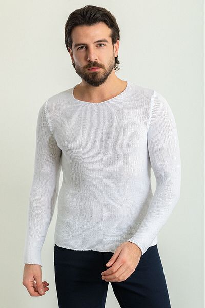 Mcr Tricotaj pentru bărbați Lase White Slim Fit, cu gât și mânecă lungă