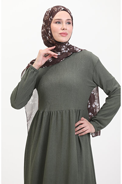 sefamerve Bürümcük Kumaş Beli Büzgülü Elbise 1016-04 Haki