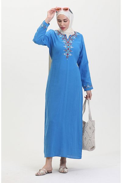 sefamerve Rochie din pânză Şile brodata albastra - 0074-07