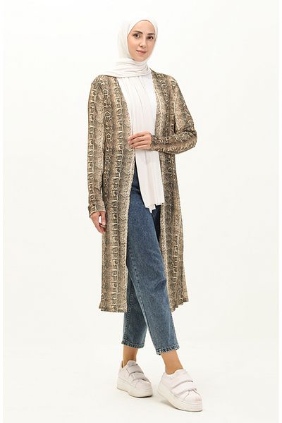 sefamerve 8635-01 Model Brown Leopard Patterned Long Cardigan