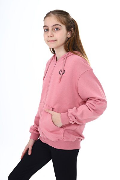 Toontoy Girl's Hooded Zippered Pockets Off Shoulder Embroidery Printed Knitted Cardigan - 2 Yarn