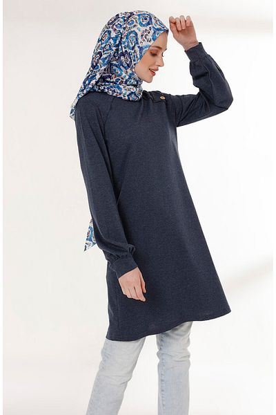 sefamerve 3066-03 Model Indigo Tunic - Button Detailed