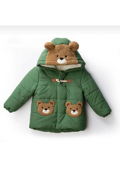 Magu Boy's Green Hooded Lined Zippered Teddy Bear Coat
