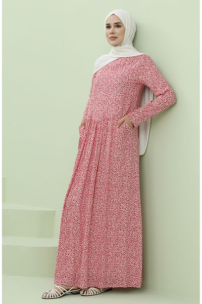 sefamerve Red Dress - Gathered Waist and Pocket 3304-08